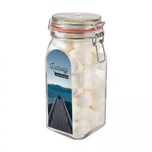 1,5 l Weckglas befüllt mit Marshmallows und mit Werbeetikett