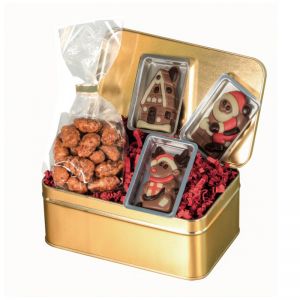 100 g weihnachtlich gefüllte Goldbox mit Werbeanbringung