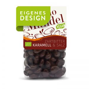 170 g LANDGARTEN Bio Mandeln geröstet ZB Karamell im Standbodenbeutel und Werbereiter