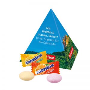 15 g mentos Fruit in Werbe-Pyramide mit Logodruck