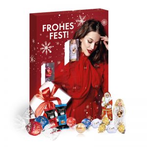 200 g Adventskalender mit Lindt Schokoladenmischung  und rundum Werbedruck