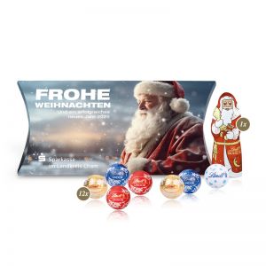 Lindt Santa & Lindt Minis in Kissenverpackung mit rundum Werbedruck