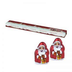 60 g Mini Schoko-Weihnachtsmänner in Präsentstange mit Werbedruck