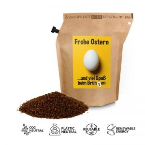 Oster-Kaffee im wiederverwendbaren Brühbeutel mit Oster-Etikett