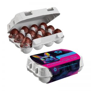Kinder bueno Schoko-Eier 12er Set in Eierkartonage mit Werbebanderole
