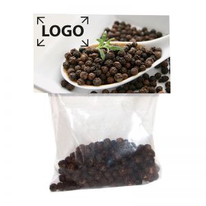 10 g schwarze Pfefferkörner im Flowpack mit Werbereiter und Logodruck