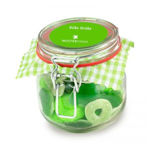 320 g grüner Süßigkeiten-Mix im Bügelglas mit Werbeetikett