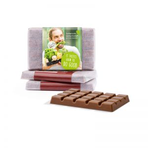 10 g Schokoladen Täfelchen mit Pergaminpapier und Werbebanderole