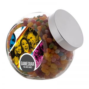 2 Liter Schräghalsglas befüllt mit Jelly Beans und mit Werbeetikett