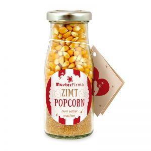 Do it yourself Flasche Zimt Popcorn mit Werbe-Etikett und Anhänger