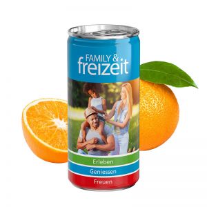 Orangensaft in einer Werbe-Getränkedose mit Logodruck