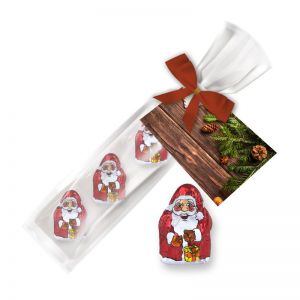 20 g Mini Schoko-Weihnachtsmänner im Präsent-Beutel mit bedruckbarer Werbekarte