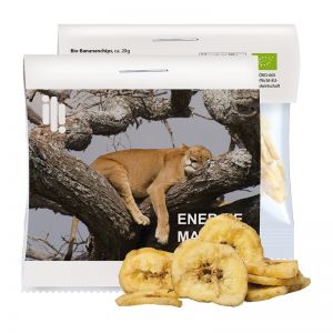 20 g Express Bio Bananenchips im Flowpack mit Werbereiter