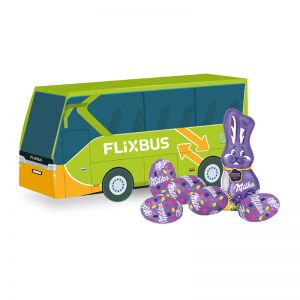 3D Oster Bus Milka Alpenmilch-Eier und Schmunzelhase mit Werbebedruckung