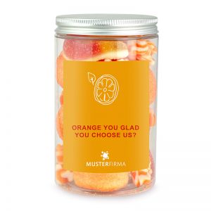 300 g orangener Süßigkeiten-Mix in Naschdose mit Werbeetikett