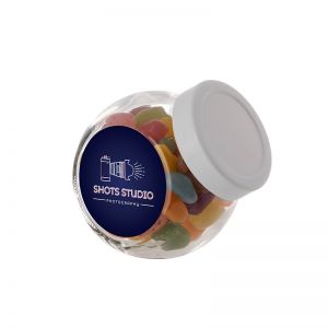 0,2 Liter Schräghalsglas befüllt mit Jelly Beans und mit Werbeetikett