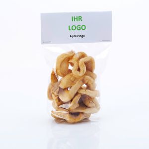 Getrocknete Apfelringe mit Werbereiter und logodruck