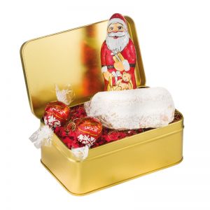 130 g weihnachtlich gefüllte Goldbox mit Werbeanbringung