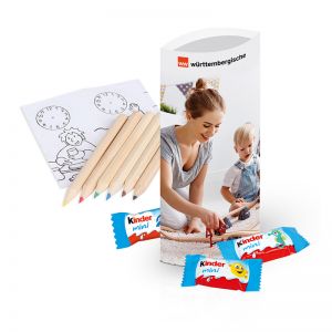 30 g Kinder Schokolade Mini mit Holzmalstifte und Ausmalbogen mit Logodruck
