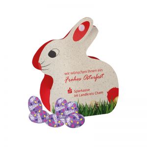 Werbe-Osterhase Milka-Eier (Graspapier) mit Werbebedruckung