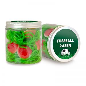 150 g Fruchtgummi Fussballrasen in transparenter Dose mit Werbeetikett