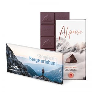 100 g Tafel Alprose Bitter 74 % Schweizer Salz in Versandkartonage mit Werbedruck