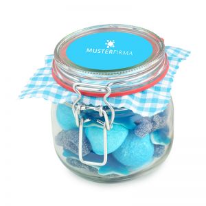 320 g blauer Süßigkeiten-Mix im Bügelglas mit Werbeetikett