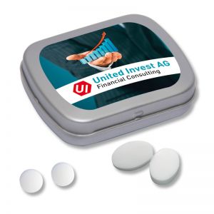 Pfefferminzpastillen Klappdose Mini mit Logodruck