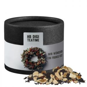 30 g Wintertage Tee in schwarzer, kompostierbarer Pappdose mit Werbeetikett