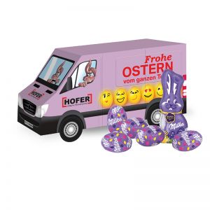 3D Oster Transporter Milka Alpenmilch-Eier und Schmunzelhase mit Werbebedruckung