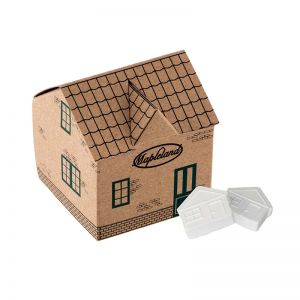 Haus aus Kraftpapier mit Pfefferminz in Hausform und mit Werbedruck