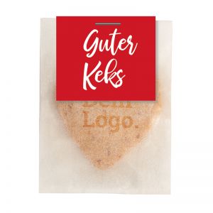 Bio Logo Keks mit Bio-Druck in Herzform im transparenten Papiertütchen
