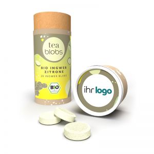 Bio Ingwer Zitrone TeaBlobs in Eco Pappdose mit Werbeanbringung