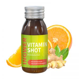 60 ml Vitamin-Shot Orange-Ingwer in Glasfläschchen mit Werbeetikett