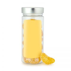 80 g gelbe Fruchtgummi Zitronenstücke in Naschdose mit Werbeetikett