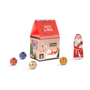 Standbodenbox mit Lindt Weihnachtsschokolade und Werbedruck