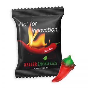 Fruchtgummi Chili Schote im Werbeflowpack mit Logodruck