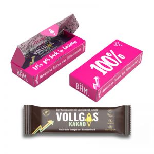 40 g Veganer Bio-Frucht Riegel Kakao in Werbekartonage mit Logodruck