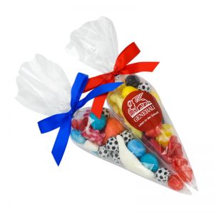 100 g Fußball Süßigkeiten-Spitztüte in Länderfarben und mit Werbeetikett