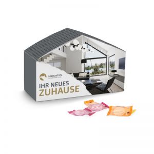 3D Präsent Haus Traubenzuckertabletten mit Werbedruck