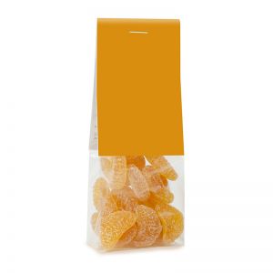 50 g gelbe Fruchtgummi Zitronenstücke im Standbeutel mit Werbereiter