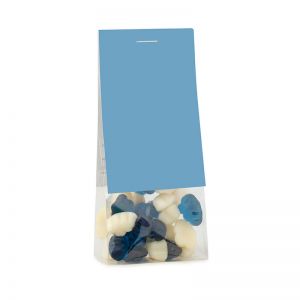 40 g blaue und weiße Wolken-Fruchtgummis im Naschbeutel mit Werbereiter