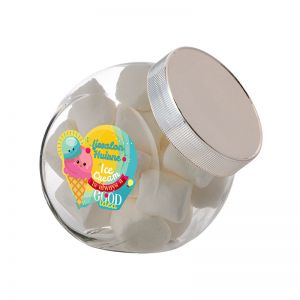 0,9 Liter Schräghalsglas befüllt mit Marshmallows und mit Werbeetikett