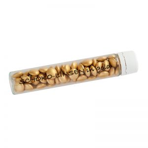 20 g goldene Schoko-Linsen im PET-Röhrchen mit Werbeetikett
