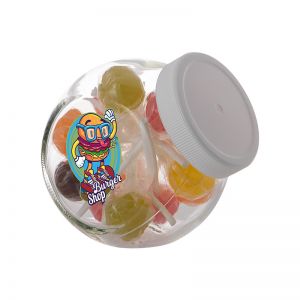 0,4 Liter Schräghalsglas befüllt mit Lollies und mit Werbeetikett