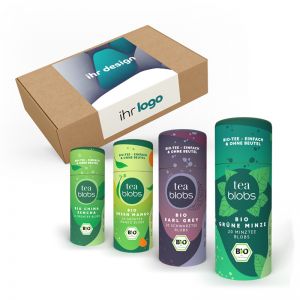TeaBlob Geschenk-Set mit 4 Eco Pappdosen und Werbeanbringung