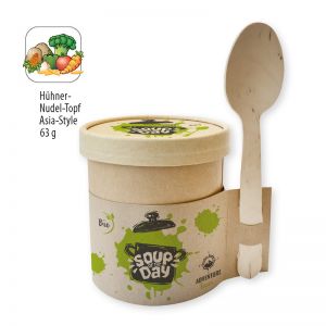 Bio Instant Suppe Hühner-Nudel-Topf Asia-Style im Graspapierbecher mit Werbedruck