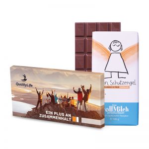 100 g Tafel Schutzengel Schokolade in Versandkartonage mit Werbedruck
