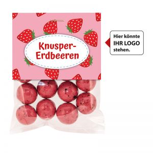 30 g Erdbeer-Knusperkugeln im Flachbeutel mit Werbereiter