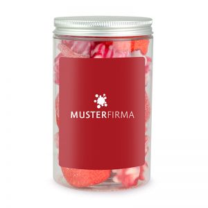 300 g roter Süßigkeiten-Mix in Naschdose mit Werbeetikett